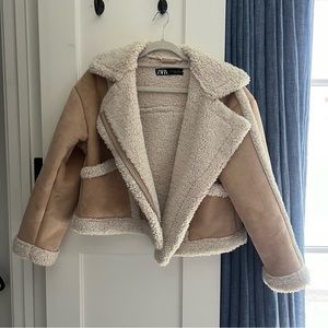zara fur & suede moto jacket cropped size Small